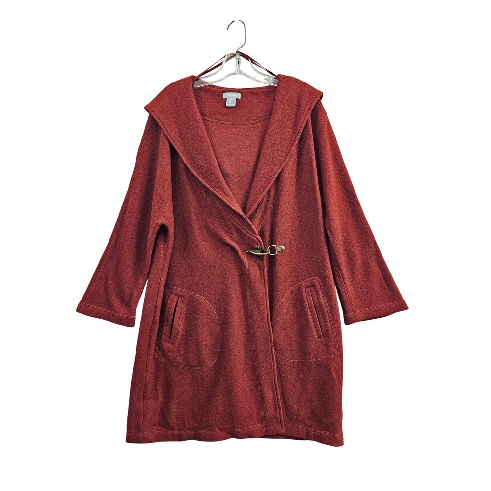 Kenar Hooded Cardigan Sweater Womens Large Red 100% Wool Toggle Front Knit Coat